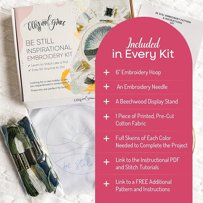 elly & grace christian embroidery kit with embroidery hoop, easy embroidery kit for beginners and adults, full embroidery hoop kit with needles and thread included (be still)