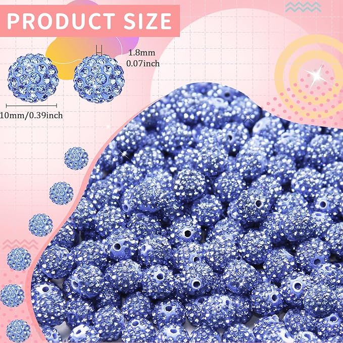 200 Pcs 10mm Rhinestone Beads for Jewelry Making, Blue Shiny Round Shamballa Disco Baseball Necklace Beads Sparkle Crystal Clay Pave Rhinestones Bead for DIY Bracelet Earring Craft Making Supplies