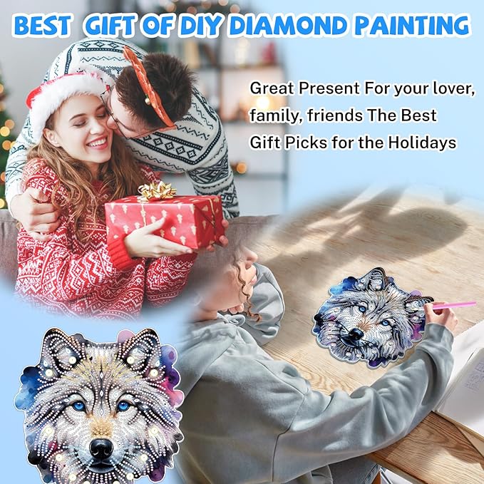 Bowetile Wolf Diamond Art Hanging Kits for Adults, 5D Special Shape Diamond Painting Animals Kits, Animal Gem Art Suncatchers Painting Pendant Ornament for Home Garden Wall Decor