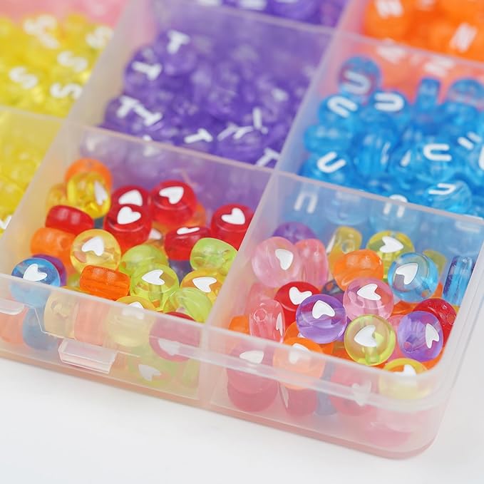 1450Pcs Colorful Clear Letter Beads Acrylic 4x7mm Round, Alphabet A-Z (Extra for Vowel Letter) and White Heart Beads for Bracelets Necklaces Jewelry Making (Clear, 4x7mm)