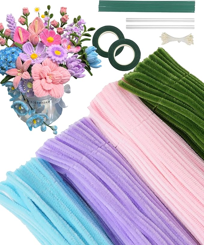 400 Pcs Thick Pipe Cleaners,Craft Supplies Floral Bonquet,DIY Flower Making Kit for Starter with Floral Wires, Gardening Tape,Stamen (Pink+Blue+Purple+Green)