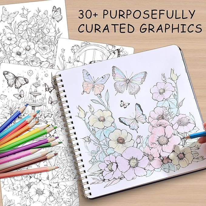 Women's Coloring Book 30 Pages Butterfly & Flower Pattern Coloring Books for Adults to Relax and Relieve Anxiety, Gift for Mother's Day, Birthdays, Christmas, Anniversaries