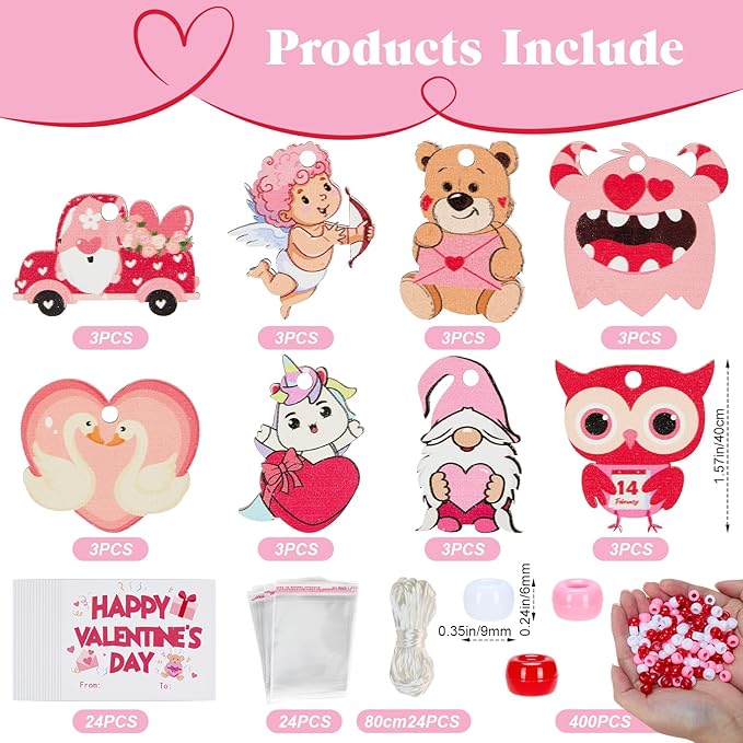 Bafeil 24-Set Valentine's Day Beads Necklaces Bulk Crafts Kit - Red Pink Pony Beads with Cute Wooden Charms, DIY Beaded Necklaces Heart for Party Favors Classroom Goodie Bags Stuffers Gifts