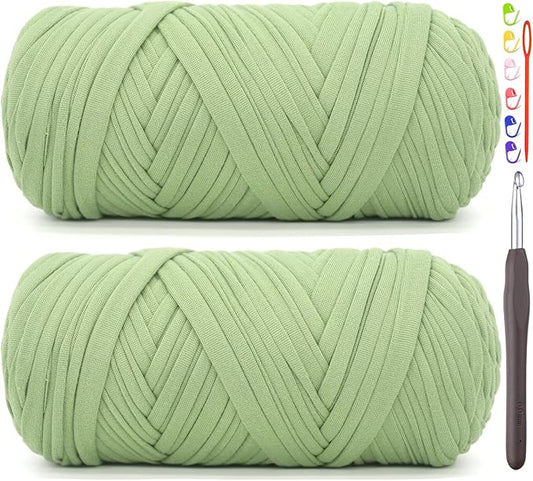 2 Pack Tshirt Yarn for Crocheting,Green T Shirt Chunky Elastic Fabric Thick T-Shirt Crochet Yarn for Beginners Crocheting Hand Knitting Bag/Basket/Coasters/DIY Crafts/Home Decor 2*200G(Avocado Green）