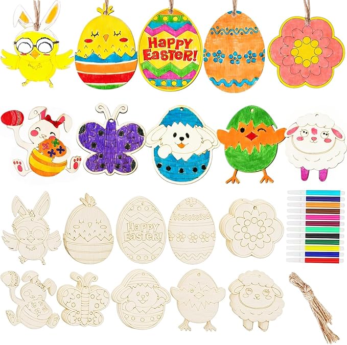 Yodeeni 40Pcs Easter Crafts for Kids, Unfinished Wooden Ornaments DIY Crafts Painting Kit for Kids Ages 4-8 8-12 Easter Activities Party Favors Supplies Hanging Decorations Gifts Basket Stuffers