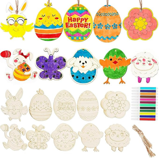 Yodeeni 40Pcs Easter Crafts for Kids, Unfinished Wooden Ornaments DIY Crafts Painting Kit for Kids Ages 4-8 8-12 Easter Activities Party Favors Supplies Hanging Decorations Gifts Basket Stuffers