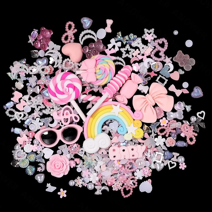 Anower Junk Case Charms Kit, Junk Phone Cases Charm, Flatback Cartoon Lollipop Candy Bear Flower Cute Slime Charms for DIY Crafts, Scrapbooking, Jewelry Making