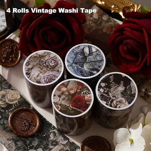4 Rolls Vintage Washi Tape Set – Floral Butterfly Decorative Adhesive Tape for Scrapbook & Journal, Elegant Retro Design for DIY Crafts, Planners
