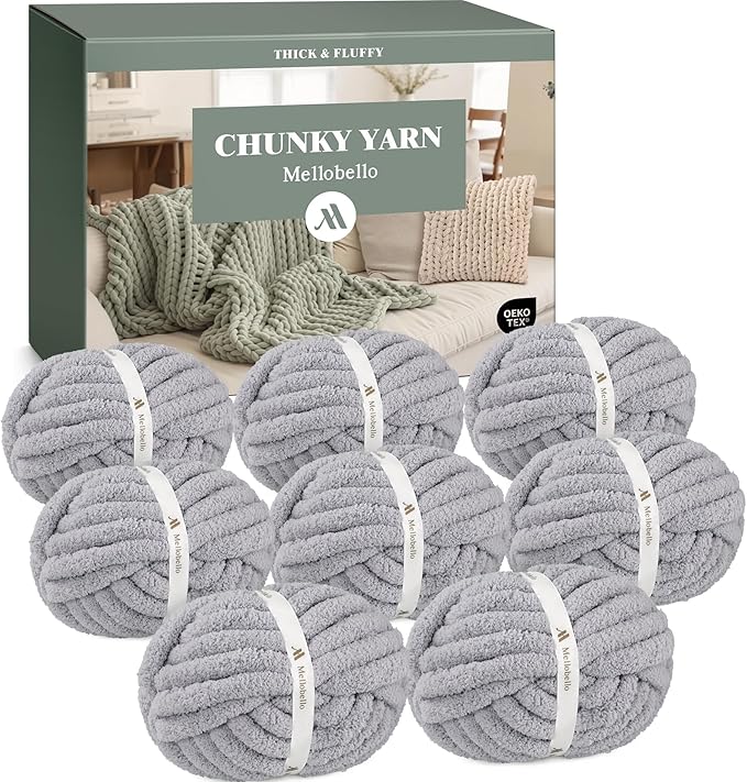 Jumbo Chunky Yarn for Hand Knitting - Super Thick Chenille Chunky Yarn for Crocheting - Extra Soft Bulky Fluffy Blanket Big Yarn 8 Jumbo Pack (27yds,8 oz Each Skein) Light Grey