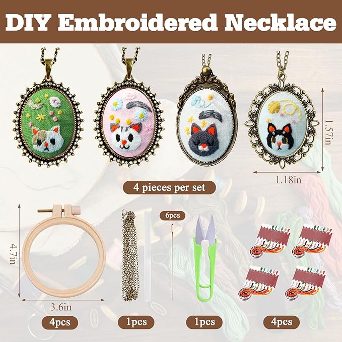 ZOCONE New 4 Packs Embroidery Necklace Kits, Embroidery Pendant Kit Mini Cross Stitch Kit with Hoop, Necklace, Pendant, Stamped Pattern Cloth, Instructions, etc., Embroidery Kits for Adults