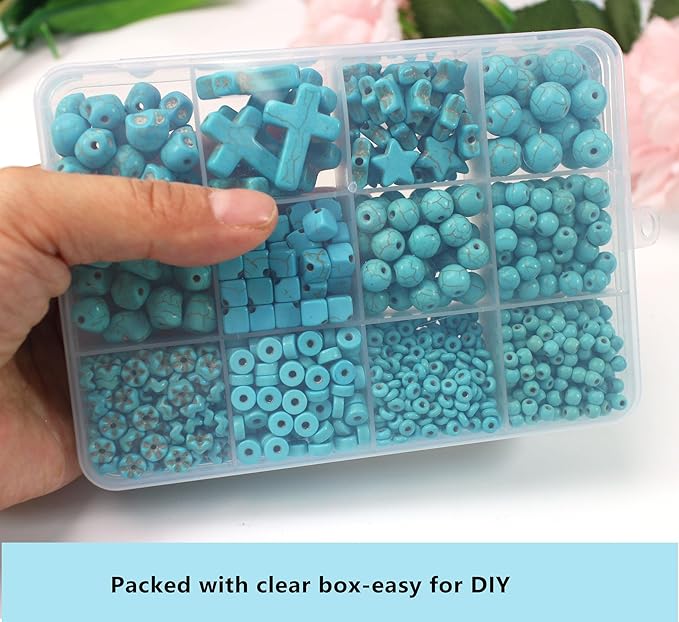 PAMIR TONG Turquoise Beads Sets for Jewerly Making 1183pcs Natural Turquoise Howlite Stone Cross-Skull Head-Heishi Space Rocks Assorted Beads Accessories for DIY Crafts-Necklace-Charms-Bracelet
