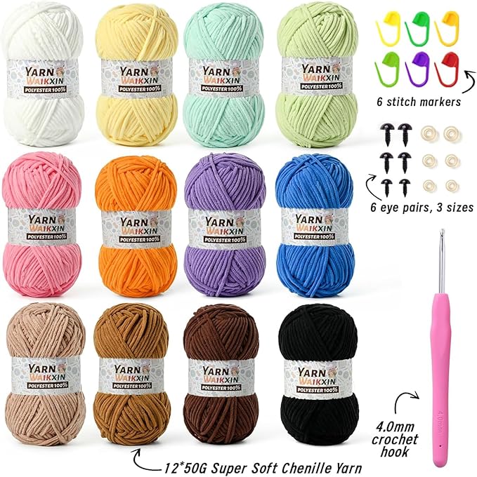12 Pack Fluffy Chunky Chenille Yarn for Crocheting, Baby Yarn for Crocheting Soft Blanket, 600g (787yds) Bulky Yarn Set for Crochet Amigurumi & DIY Crafts D