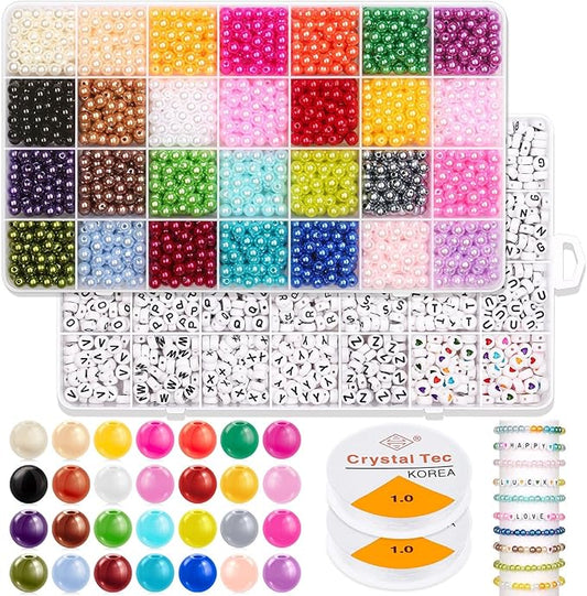 2000Pcs 6mm Small Pearl Beads for Jewelry Making 28 Colors with 1300Pcs Letter Beads for Bracelets Making, Bead Kit Bracelets Making for Crafting