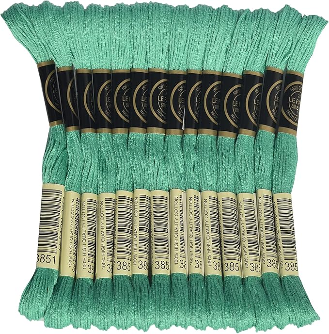 LE PAON Embroidery Floss, 14-Pack Six Strands 100% Long Staple Cotton Embroidery Thread, 8.7-Yard，Color Number：3851, Light Bright Green