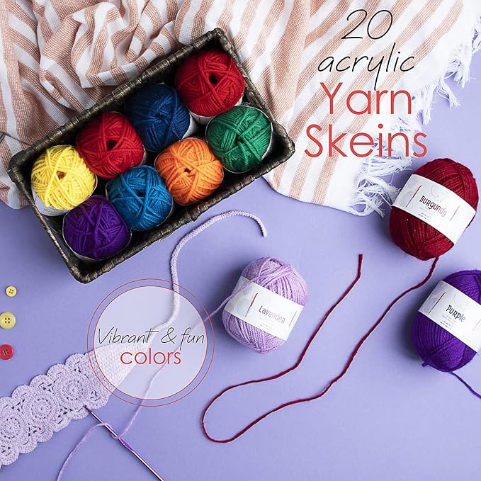 hearth & harbor 43 piece crochet kit for beginners adults and kids, small set with 9 hooks 55 yards of yarn crocheting kit, canvas tote bag lots more - beginner