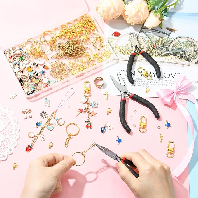 Ornaland 323 Pcs Lip Gloss Keychain Making Kit Jewelry Plier Bracelet Necklace Lanyard Making Kit include Chains Jump Rings Clasps Alloy Enamel Charms for DIY Craft（Golden）