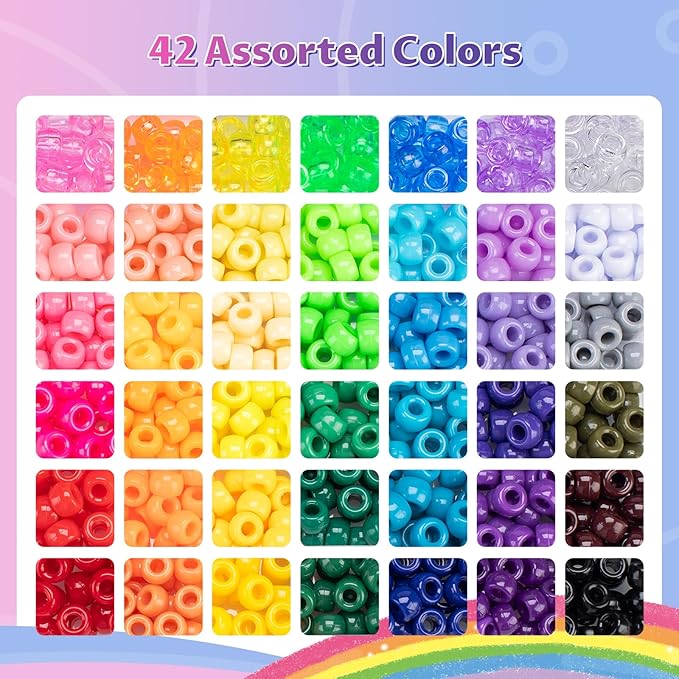 Simetufy 42 Colors Pony Beads, 750Pcs Rainbow Plastic Beads for Bracelet Making Hair Braiding DIY Crafts Kandi Jewelry Key Chains Christmas Gifts