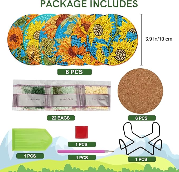 EWJRNSF 6 PCS Diamond Painting Coaster Set - Small Diamond Painting Coasters Kit for Beginners and Adults - Art Craft Supplies Item Sunflower