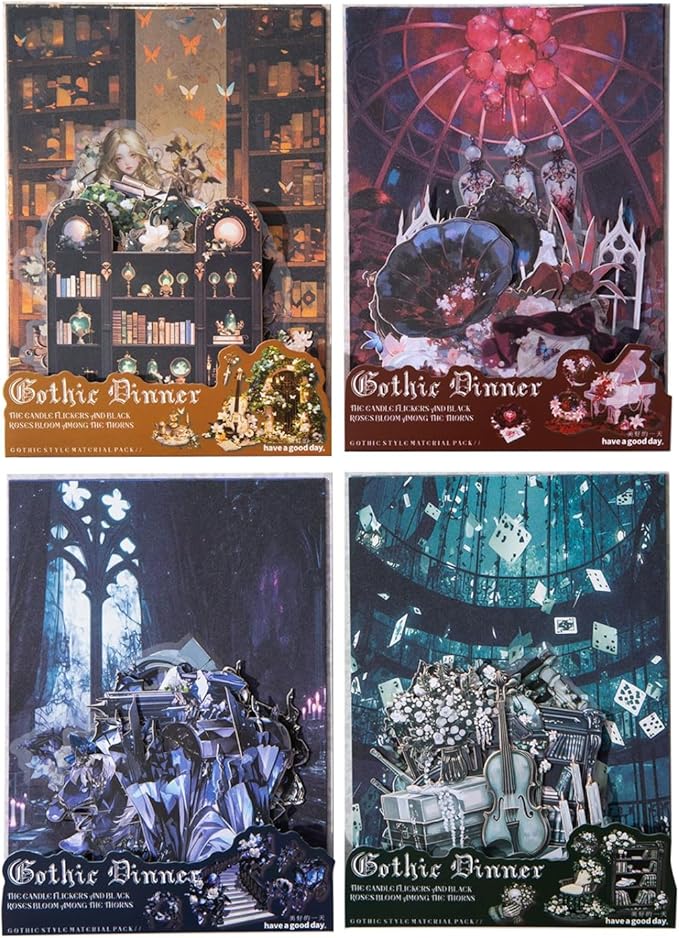 Doukado 120 Pieces Gothic Dark Horror Landscape Creation Sticker and Scrapbook Paper Kit, 4 Pack Dark Aesthetic Designs Stickers for Scrapbooking, Journaling, Waterproof DIY Crafts and Junk Journal