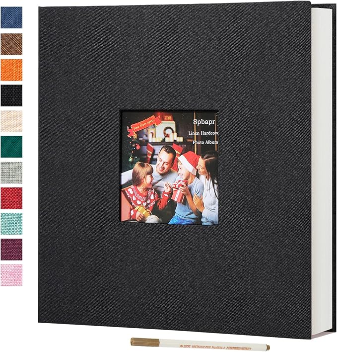 Spbapr Large Photo Album Self Adhesive 3x5 4x6 5x7 8x10 Pictures Magnetic Scrapbook 40 Blank Pages Linen Cover DIY Album with A Metal Pen