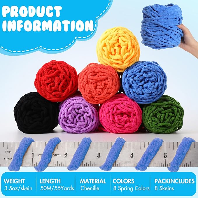 Buryeah Chunky Chenille Yarn for Crocheting Soft Thick Fluffy Yarn for Hand Knitting Bulky Velvet Blanket Plush for Weaving DIY Crafts Each 3.5 oz 55 Yards(Spring Colors,8 Pack)