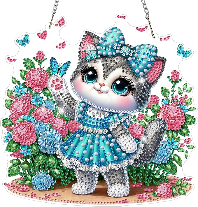 MEIYUDA Cat Diamond Art Hanging Kits for Adult, Flowers Cat Diamond Painting Hanging Kits Ornaments, DIY Special Shaped Rhinestone Window Pendants Kit for Home Garden Wall Decor Gift