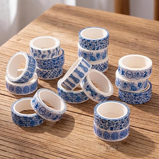 Chinoiserie Bunny Washi Tape - 12 Rolls Blue White Easter Chinese Inspired Rabbit Scrapbook Washi Masking Art Decorative Adhesive Tape Set School DIY Craft Scrapbooking Junk Journal Supplies