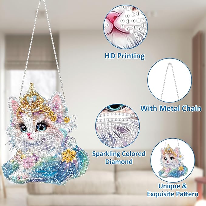 SENQAO Cat Diamond Painting Pendant Kits for Adult, 5D Diamond Art Diamond Painting Hanging Kits, DIY Diamonds Painting Suncatcher Pendant Kit for Adults for Gift Wall Home Decor
