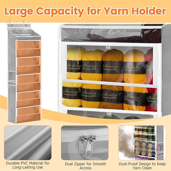 Yarn Storage Organizer, Grey Yarn Holder Over the Door Hanging Crochet Kit Storage with 5 Zippered Compartments, Large Capacity Sewing Organizer Gifts for Knitters Needles Crochet Hooks