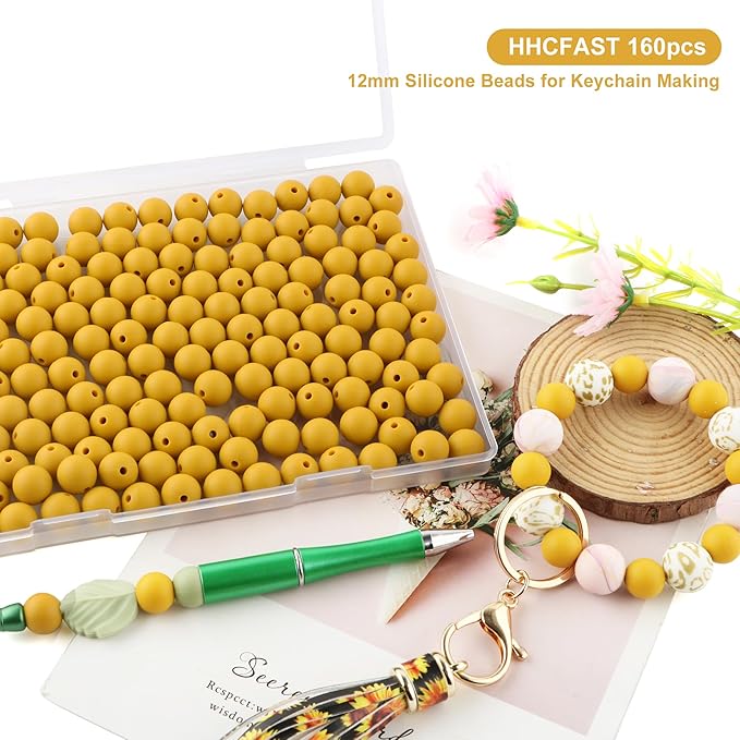 160Pcs 12mm Silicone Beads for Keychain Making Bracelet Necklace, Bulk Round Silicone Beads for Pens(Mustard Yellow)
