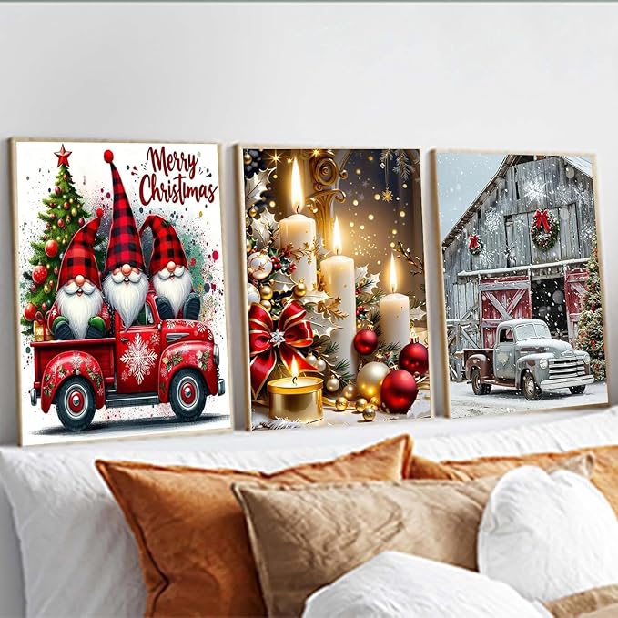Meothan Christmas Diamond Art Kits for Adults - 3 Pack Diamond Painting Kits for Adults, 5D Round Full Drill Gem Art Paint by Diamonds Dots DIY Crafts Kits 12x16inch (Candle Gnomes and Truck)