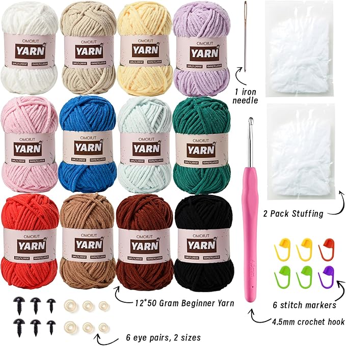 12 Pack Chenille Velvet Yarn - Baby Yarn for Crocheting Soft - Amigurumi Yarn Set with 600g(787yd) Crochet Yarn Crochet Hook、Stitch Markers、Fluffy Stuffing、Accessories B