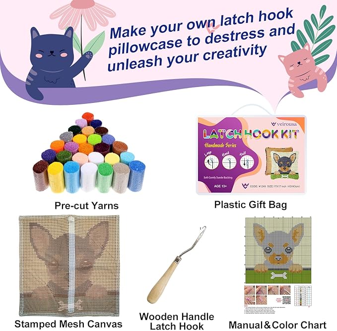 veirousa Chihuahua Puppy Latch Hook Kits for Adults Kids, Beginners DIY Throw Pillow Kit Pre-Printed Mesh Canvas Hook and Latch Rug Kits Cross-Stitch Cushion Cover for Home Sofa Decoration 17x17 in.
