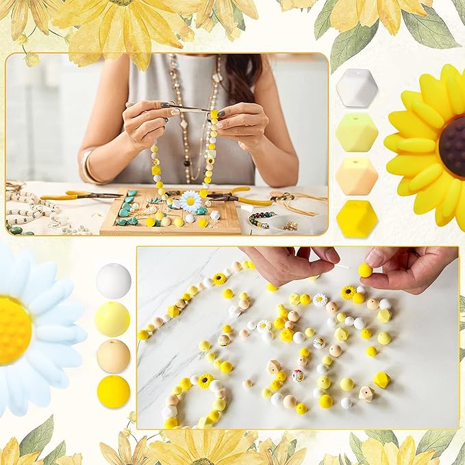 104Pcs Daisy Silicone Beads for Keychain Making Silicone Focal Beads Bulk Yellow White Round Hexagon Loose Beads for Pens Necklace Bracelets Jewelry Making