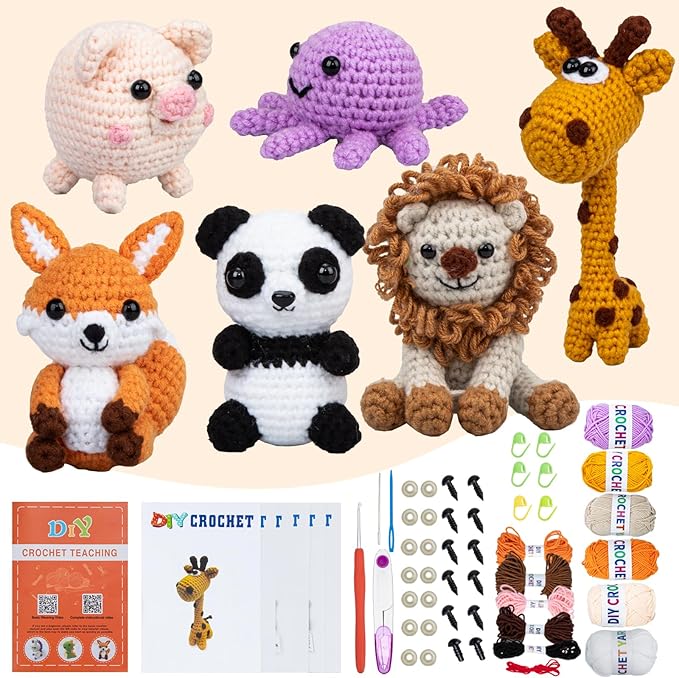 Crochet Animal Kit – 6 PCS Crochet Kit for Beginners, Knitting Kit with Step by Step Videos, Yarn, Crochet Hook, Knitting Kit for Beginners, Great Birthday Holiday Gift (Crochet 1)