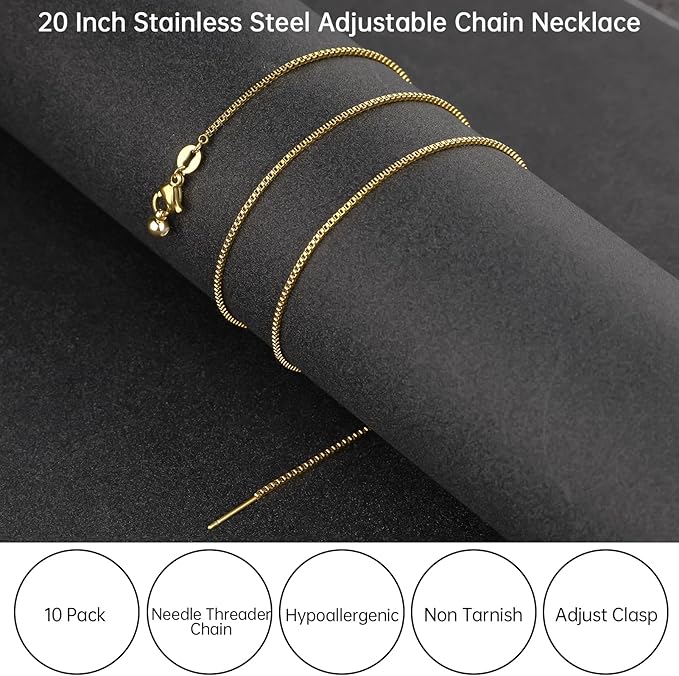 GTVOODX 10Pcs Gold Box Adjustable Necklace Chains Bulk for Jewelry Making 20Inch Stainless Steel Needle Threader Chain with Adjust Clasp