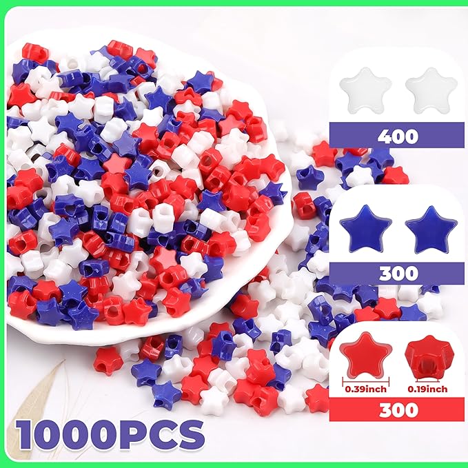Red White Blue Star Pony Beads for Bracelet 1000 Pcs Independence Day for Jewelry Making Plastic Beads for Friendship Bracelets 6x9mm Beads for Hair Braiding(Red White Blue Stars)