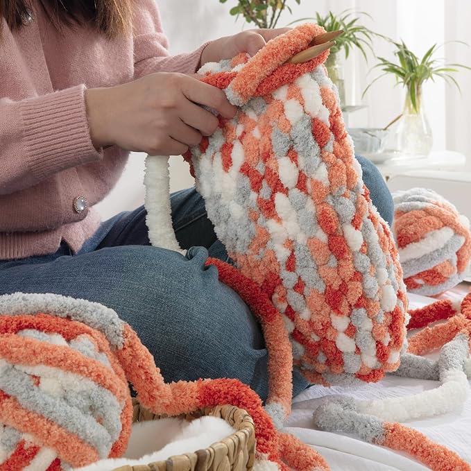 HOMBYS Chunky Tie Dye Mix Chenille Yarn for Hand Knitting, Super Bulky Jumbo Yarn for Crocheting, 3/4" Thick Soft Plush Yarn for Blankets, 8 Skein Pack (26 yds / 7.5 oz Each) Orange Grey White
