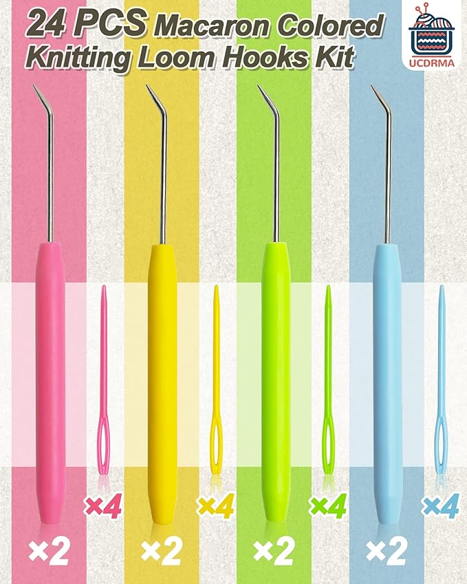 UCDRMA Knitting Loom Hook Refill Set, 8PCS Longer Stainless Steel Loom Knitting Hook (6in) with Comfortable Grip, Macaron-Colored Loom Crochet Hooks Kit & 16 Sewing Needles, Nice Crochet Loom Tools