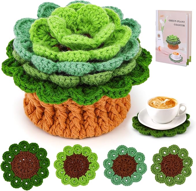 LUNARM Crochet Kit for Beginners, Crochet Start Kit Green Plant Coasters with Step-by-Step Video Tutorials, Easy-to-Learn Knitting with Hook and Yarn, Beginner-Friendly