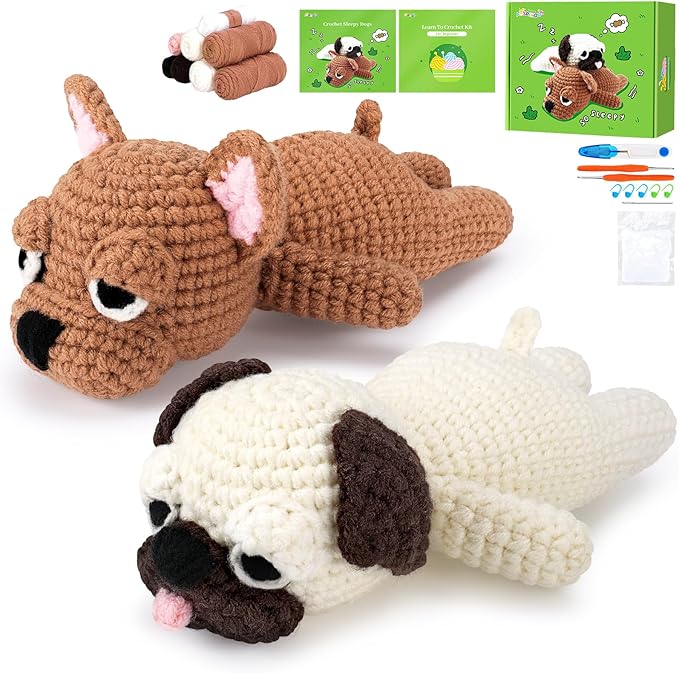 Crochet Kit for Beginners- Teacher Appreciation Gifts, 2 PCS Pug and French Bulldog Crochet Kits for Adults, Sleeping Dog Crochet Kit with Step-by-Step Video Tutorials Instructions DIY Knitting Kit