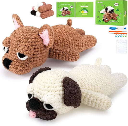 Crochet Kit for Beginners- Teacher Appreciation Gifts, 2 PCS Pug and French Bulldog Crochet Kits for Adults, Sleeping Dog Crochet Kit with Step-by-Step Video Tutorials Instructions DIY Knitting Kit