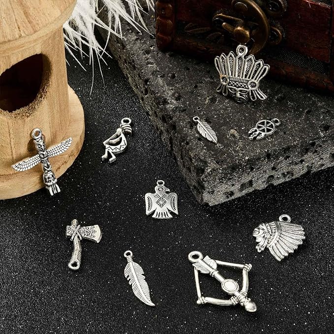 DanLingJewelry 100Pcs 10 Styles Indian Theme Charms - Indian Chief, Thunderbird, Axe, Feather for DIY Necklace & Bracelet Crafting