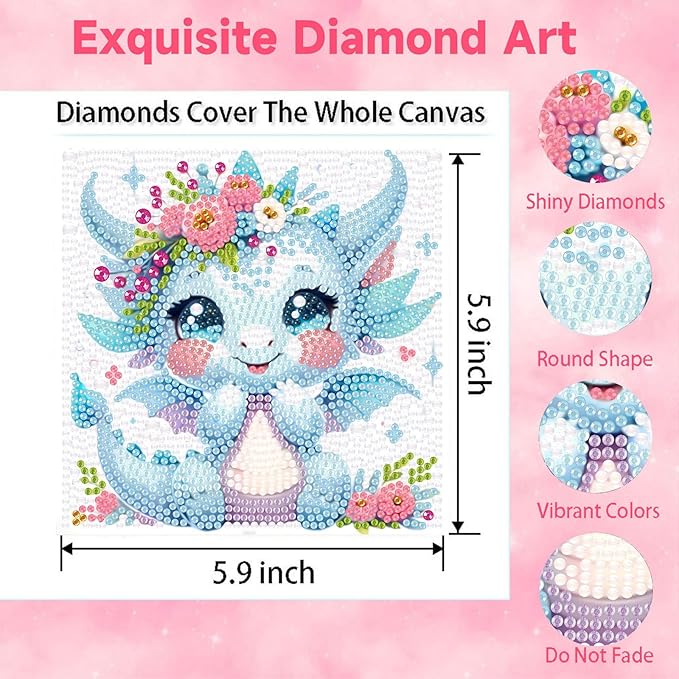 Arttoplus Dragon Diamond Art Kits for Kids 4-6-8-12 with Frame-Animal Diamond Painting Kits for Kids with Frame,Dragon Gem Art Kits for Kid for Gift Home Wall Decoration(7x7inch)