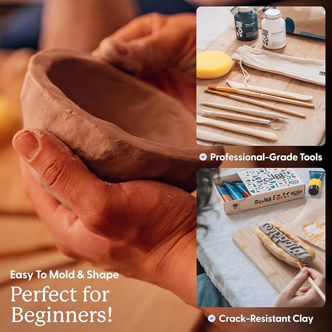 Sculpd - The Original Pottery Kit for Adults - Includes Air Dry Clay for Adults, Sculpting Tools, Varnish, Paint Brushes, Guides, Couples Date Night Arts & Crafts Set, Gloss Varnish with Pastel Tones