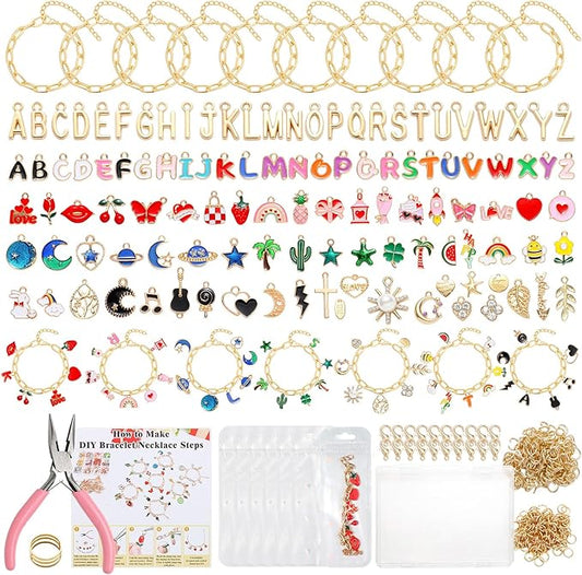 Riwiuue 342-Pieces Charm Bracelet Making Kit - Includes Gold Paperclip Chain Bracelet, Charms, Jump Rings & Tools, Ideal for DIY Jewelry Making, Teen and Adult Gifts (Charm Bracelet Making kit)