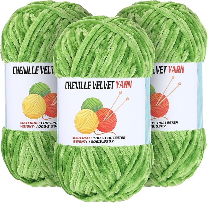 3 * 100g Velvet Chenille Chunky Yarn for Crocheting, Handcrafts Weaving Soft Chenille Yarn for Crocheting Clearance, Used for Making Baby Yarns Blanket, Clothes, Knitting Creations (Grass Green)