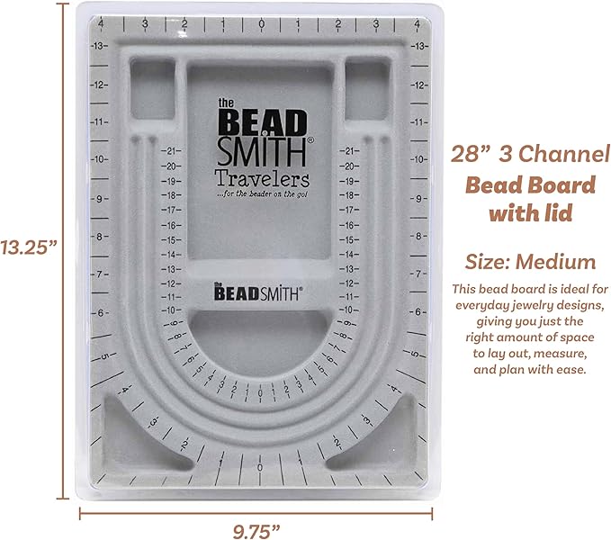 The Beadsmith Bead Board with Cover, Grey Flocked, 3 U-Shaped Channels, 6 Recessed Compartments,13.25H x 9.75L inches, Design Boards for Creating Bracelets, Necklaces and Other Jewelry