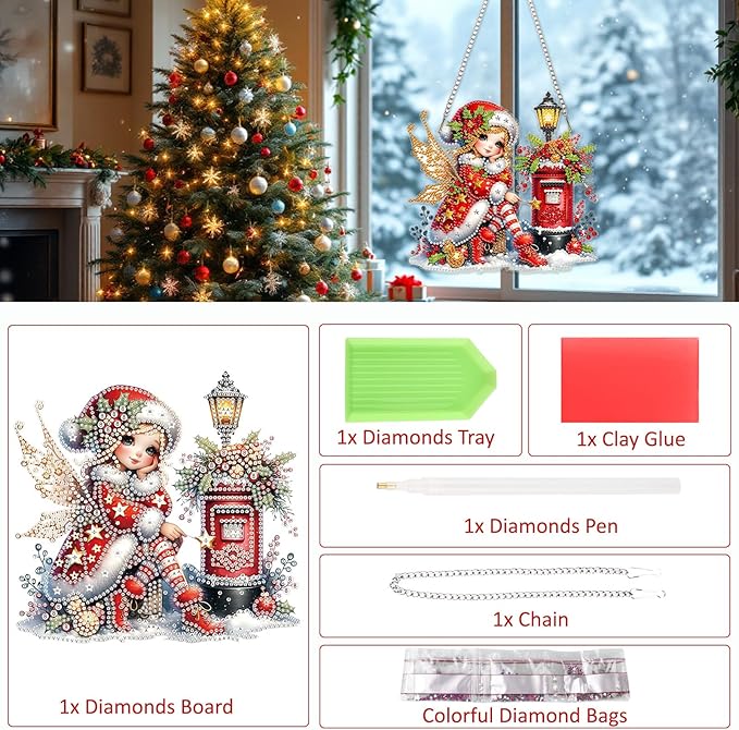 SENQAO Christmas Diamond Art Hanging Kits for Adults, Fairy Diamond Art Suncatchers, 5D Special Shape Diamond Painting Pendant Window Ornament Gifts for Home Door Wall Decor