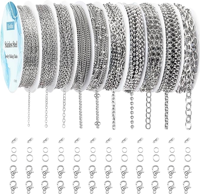 ecoofor necklace chains for jewelry making, 78.7 feet 10 rolls stainless steel jewelry chains for diy necklace bracelet jewelry making with stainless steel jump rings/lobster clasps/connectors